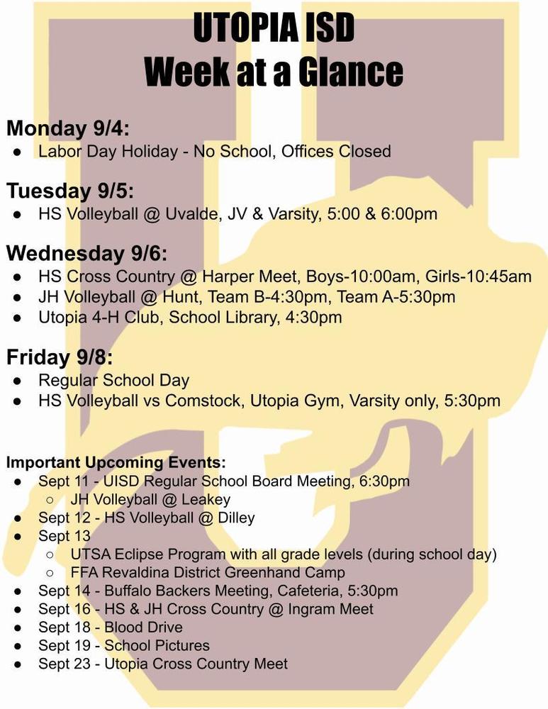 Utopia School's Week at a Glance for Sept 4-8