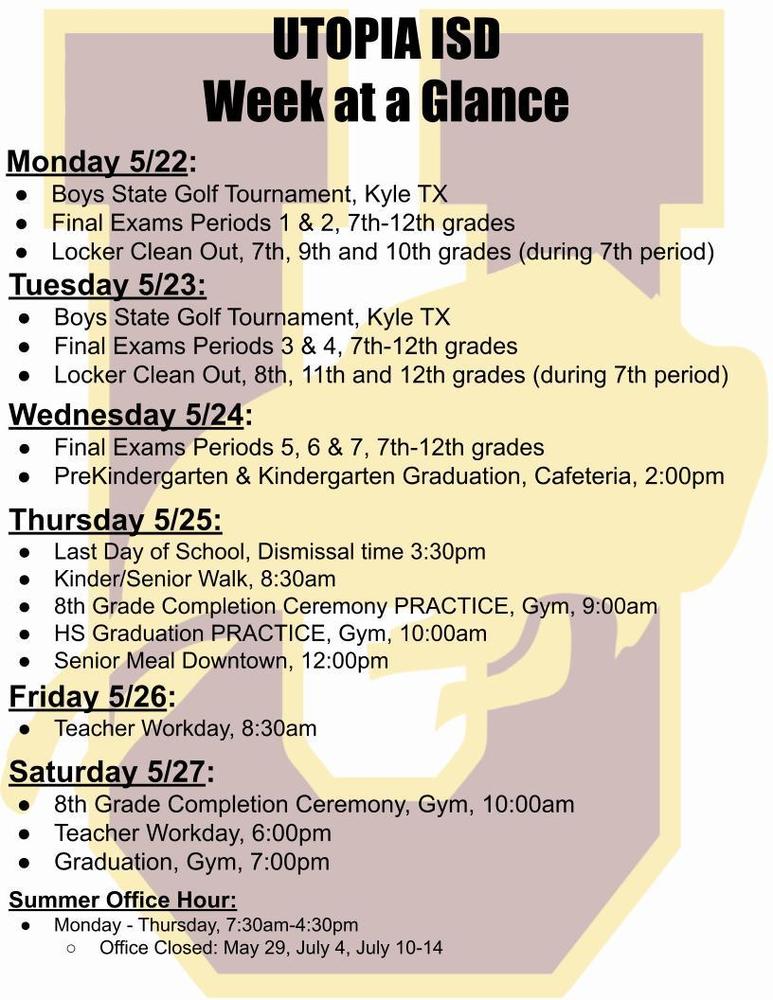 Utopia School's Week at a Glance for May 22-27.