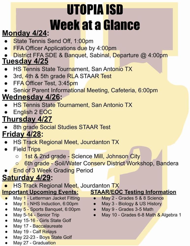 Utopia School's Week at a Glance for April 24-29