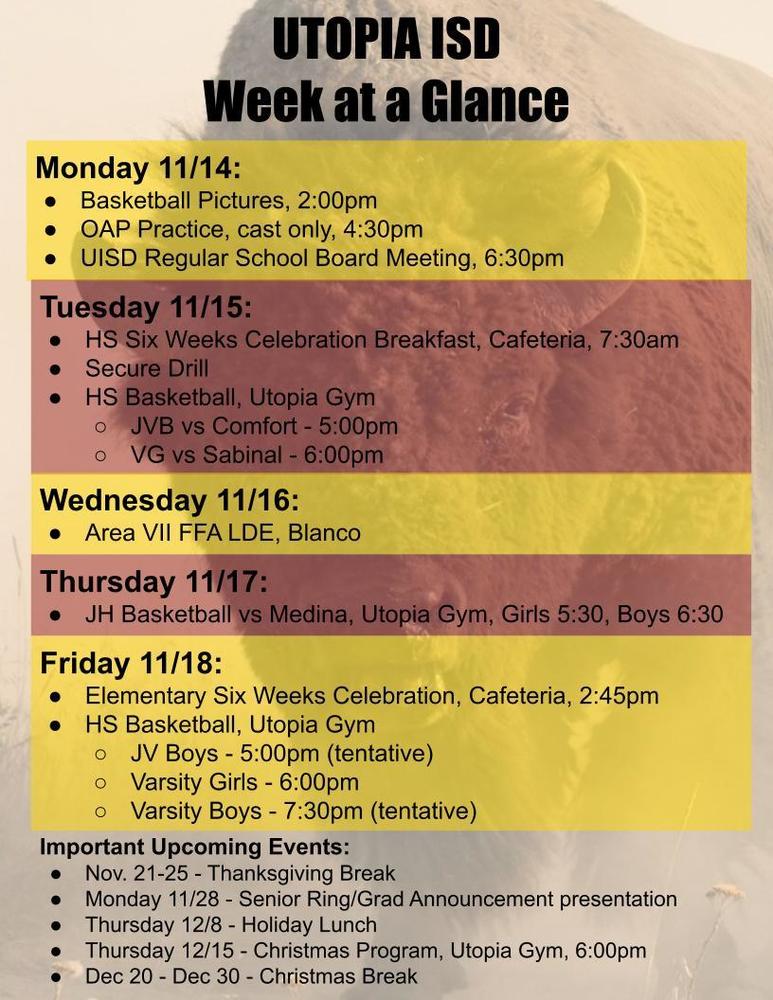 Utopia School Week at a Glance for Nov 14-18.