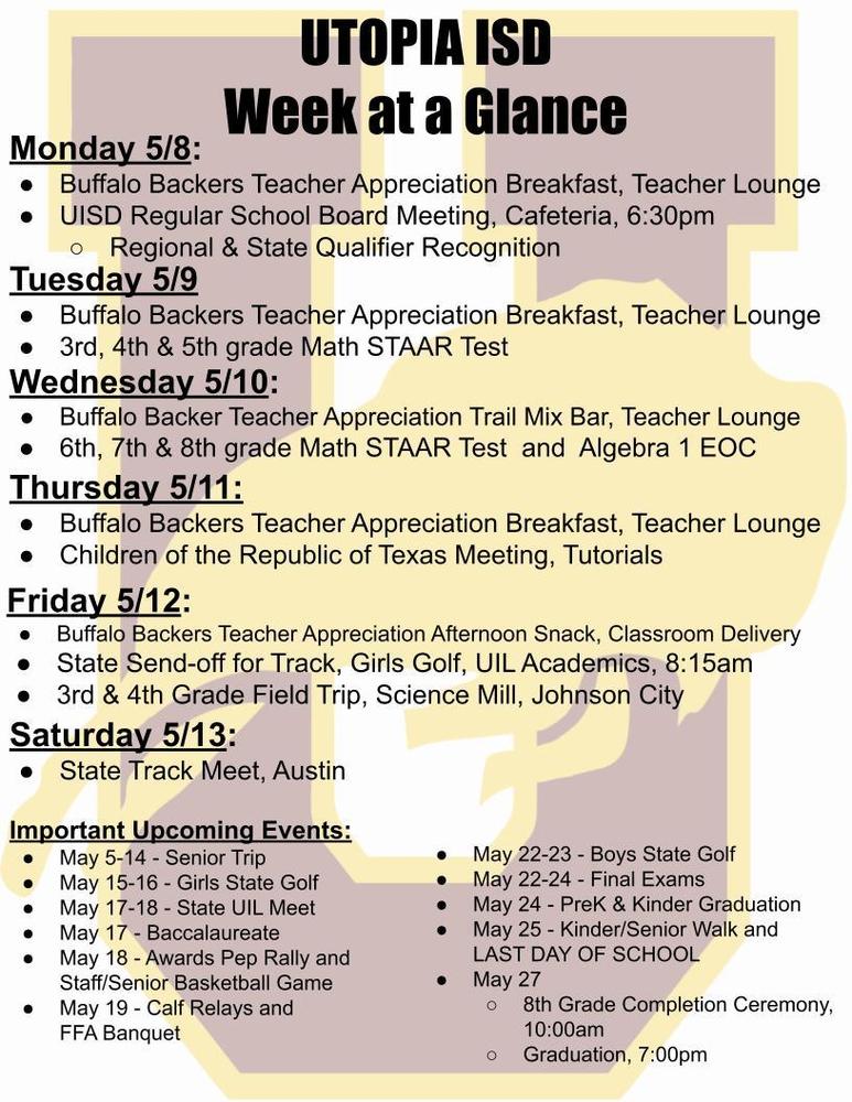 Utopia School's Week at a Glance for May 8-13