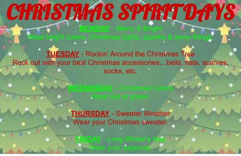 Christmas Dress Up Days schedule
