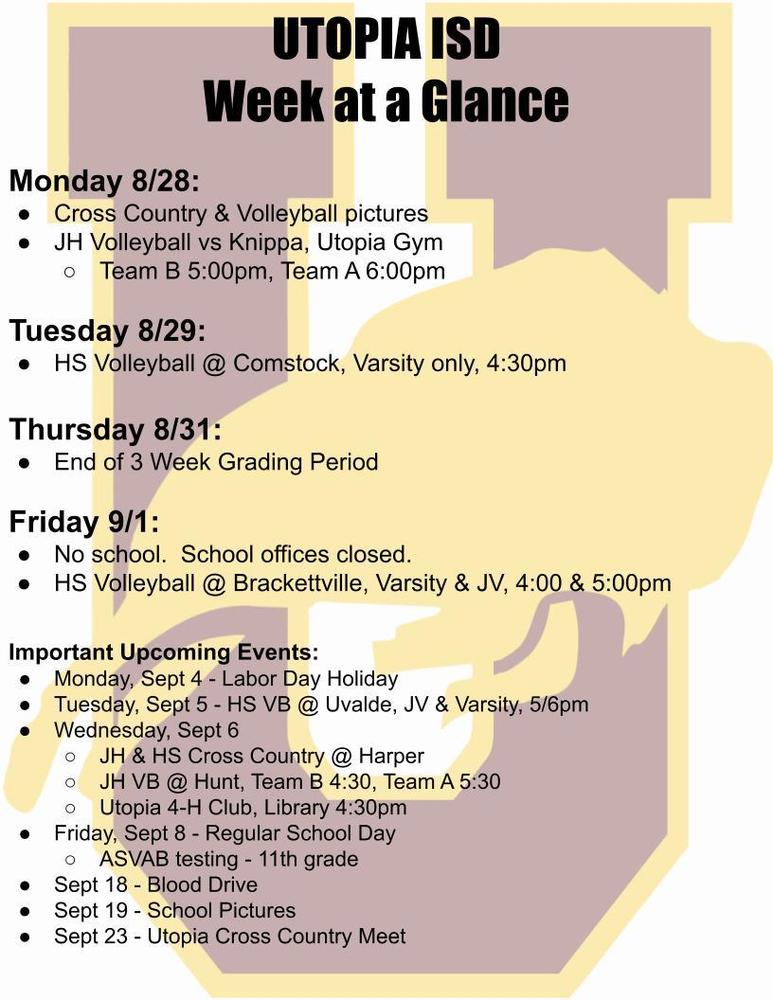 Utopia School's Week at a Glance for 8/28/23. 