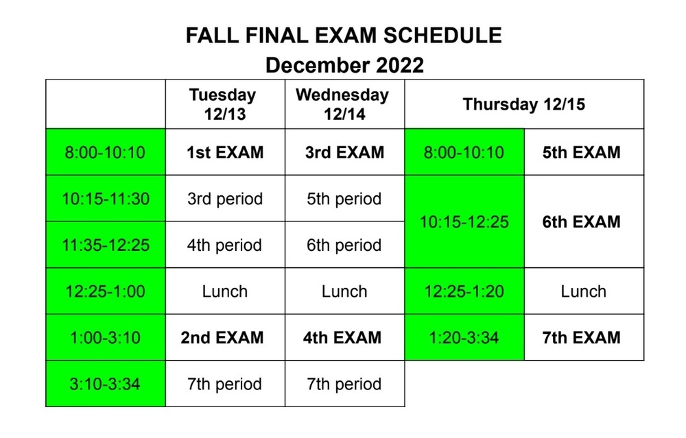 JH & HS Semester Exam Schedule