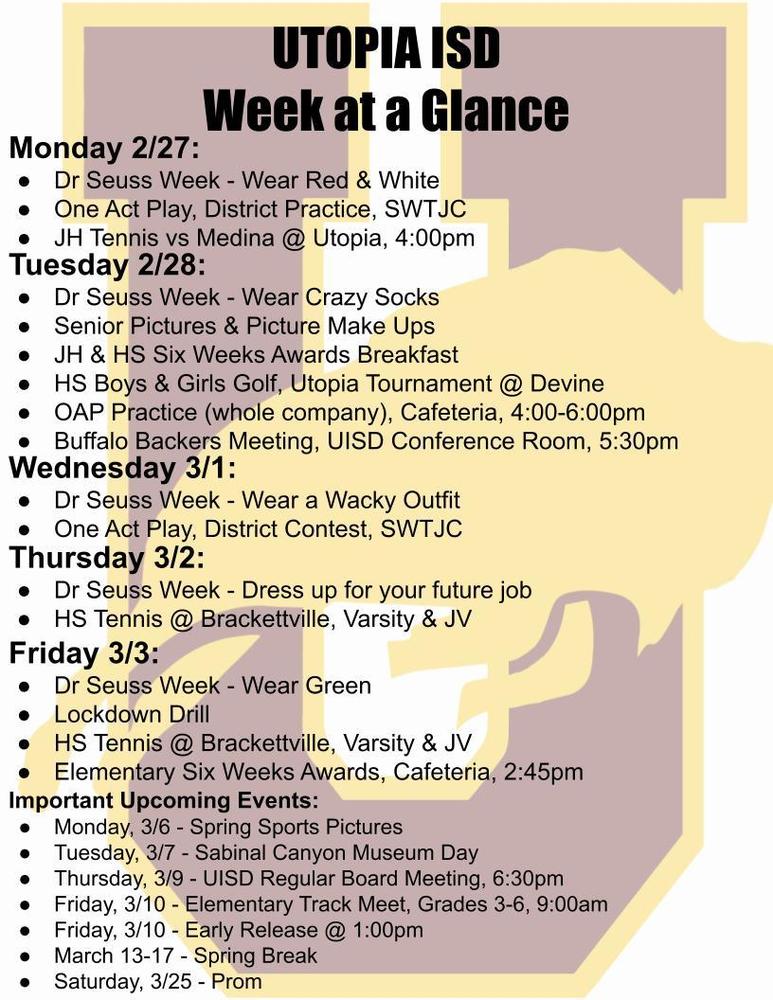 Utopia School's Week at a Glance for Feb 27-March 3.