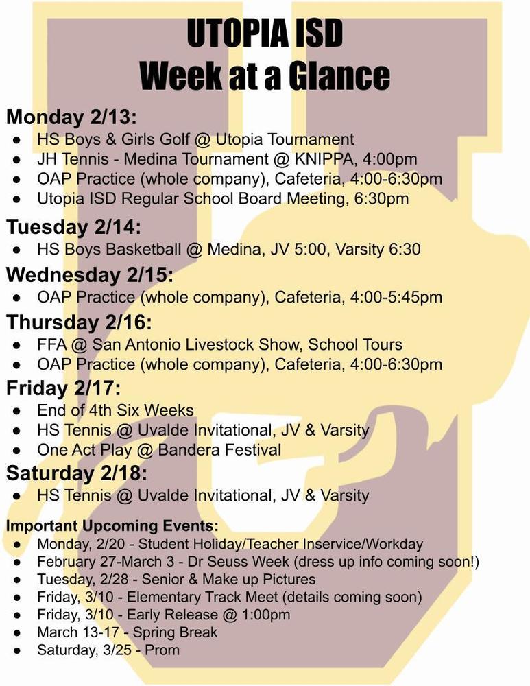 Utopia School's Week at a Glance for Feb. 13-18