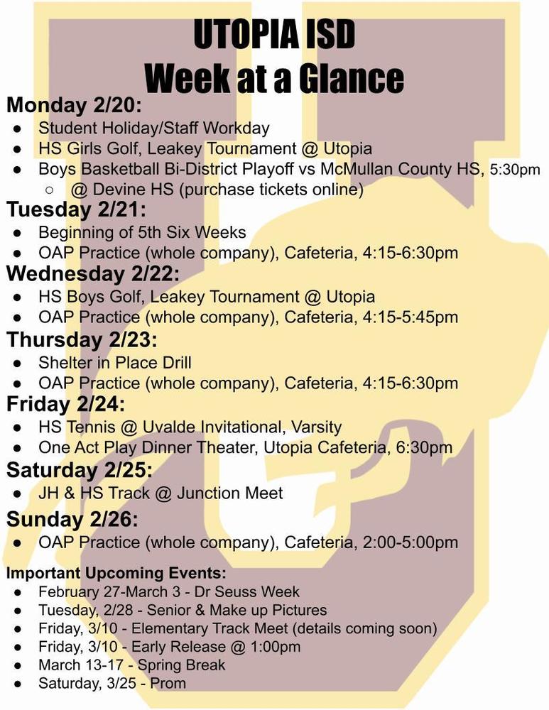 Utopia School Week at a Glance for Feb 20-26. 