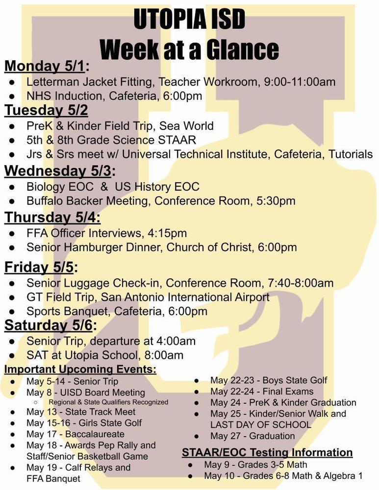 Utopia School's Week at a Glance for May 1-6th.