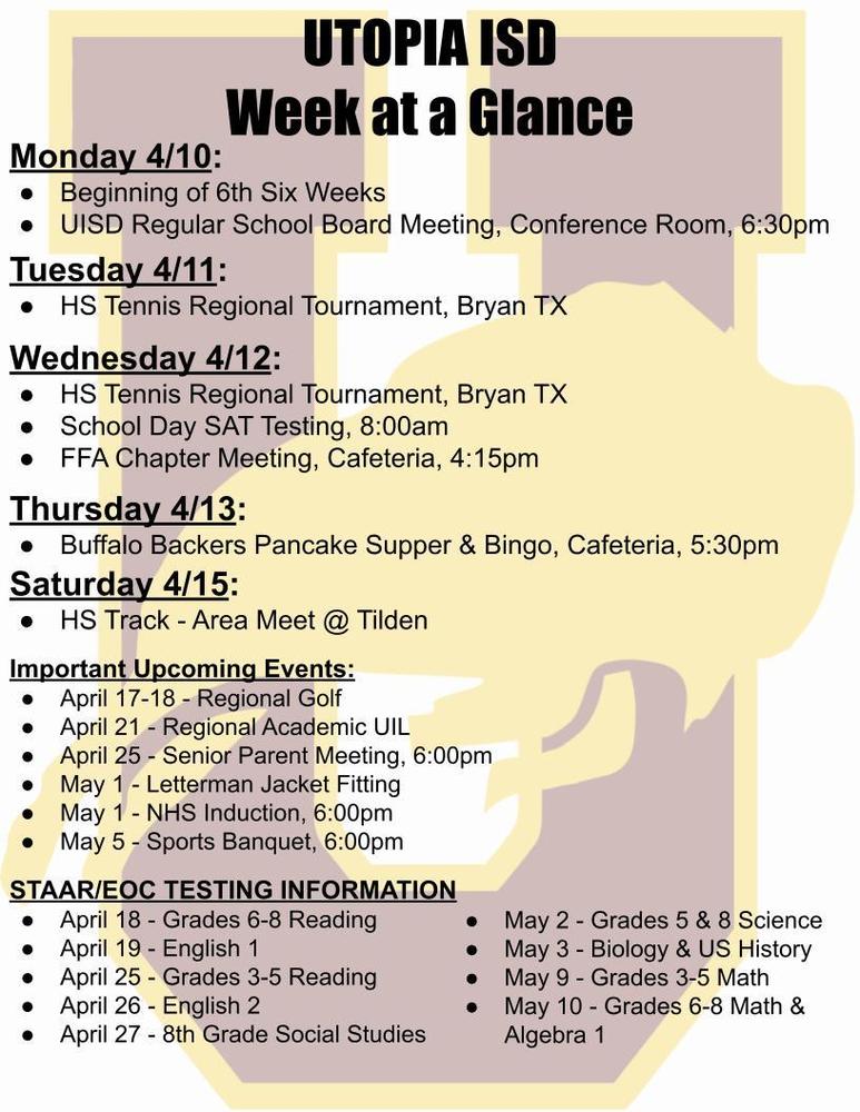 Utopia School's Week at a Glance for April 10-15