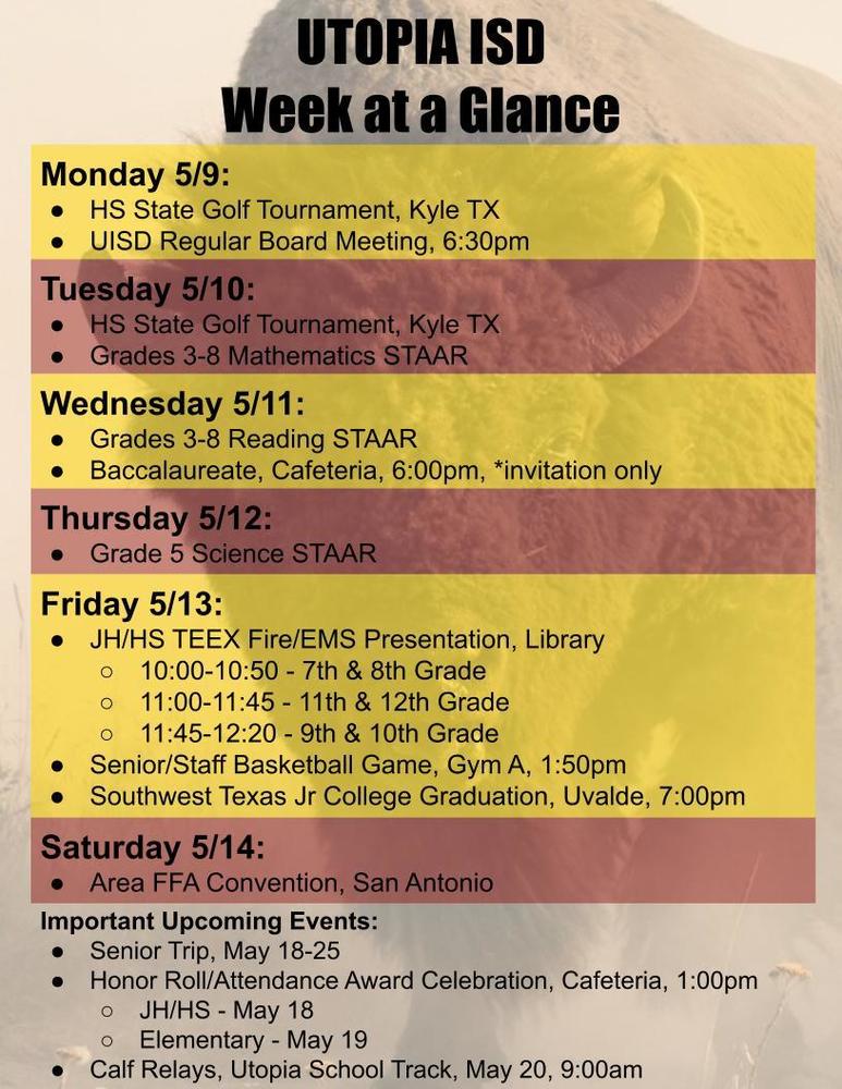 Utopia School Week at a Glance for May 9-14