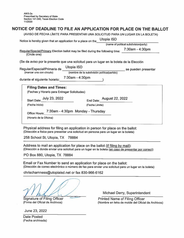 Notice of deadline to file an application to be put on the ballot