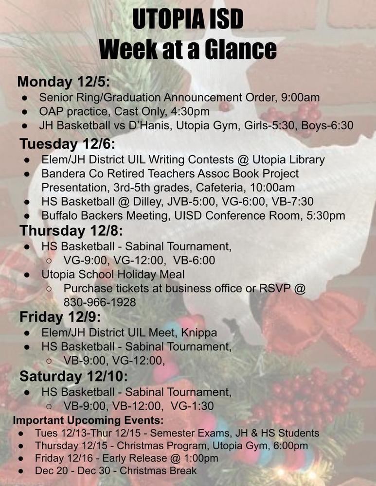 Utopia School Week at a Glance for Dec 5-10