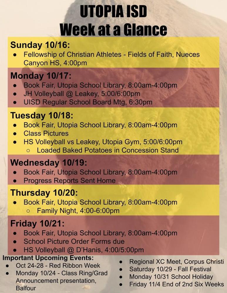 Utopia School Week at a Glance for Oct 16-21