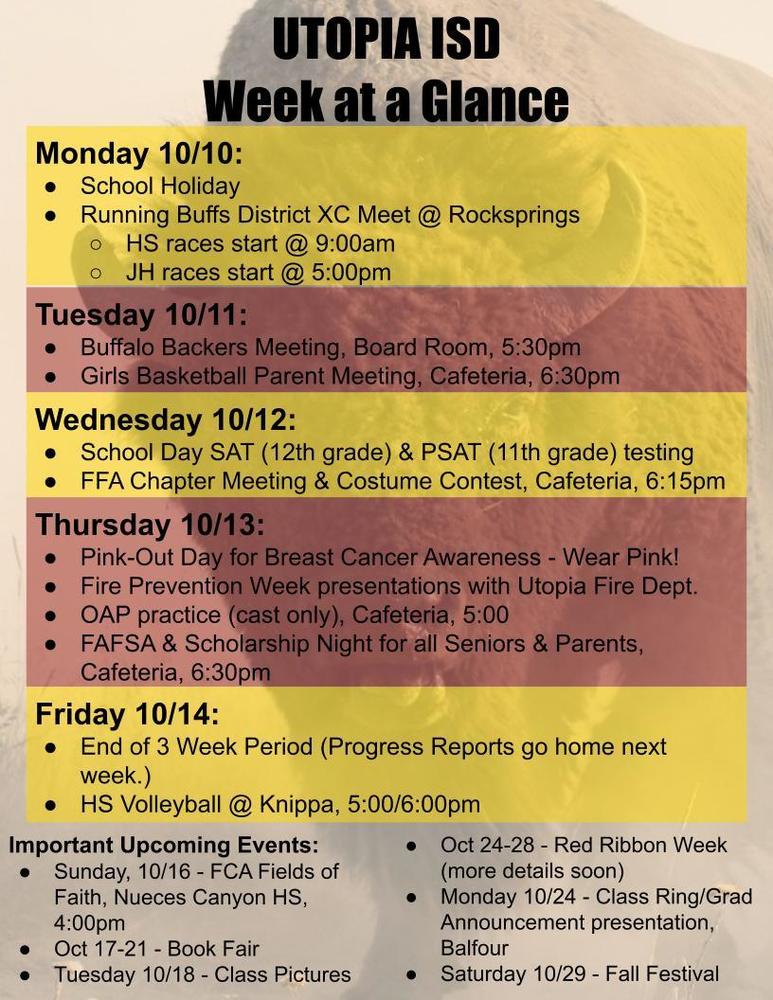 Updated Utopia School's Week at a Glance for Oct 10-14