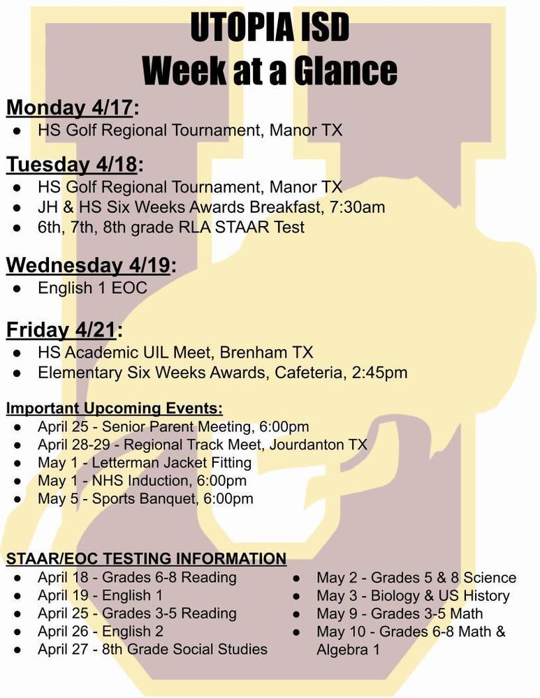 Utopia School's Week at a Glance for April 17-21. Have a great week!