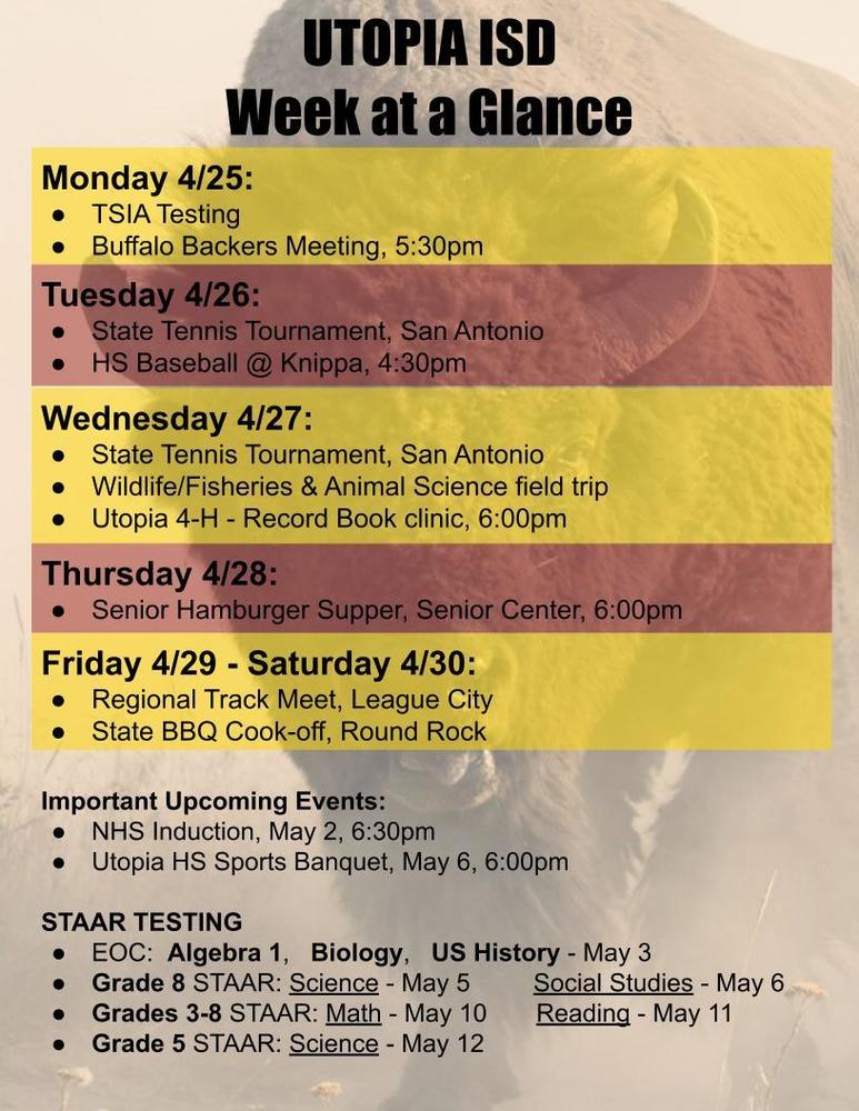 UISD Week at a Glance for April 25-30.
