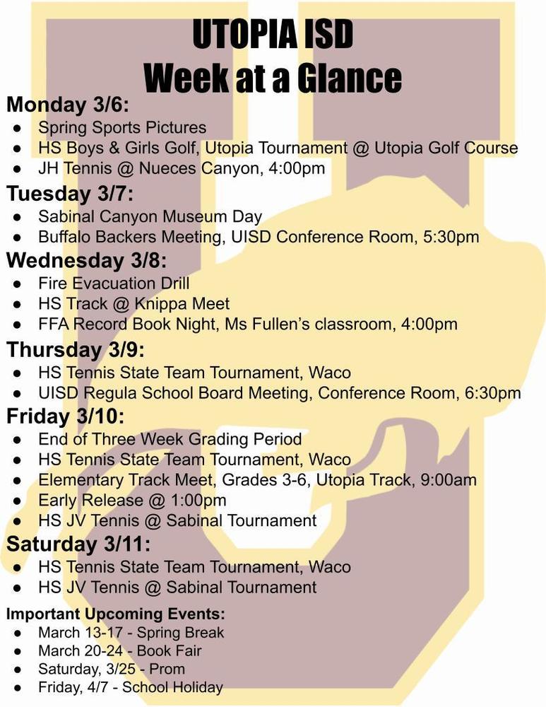 Utopia School's Week at a Glance for March 6-11.