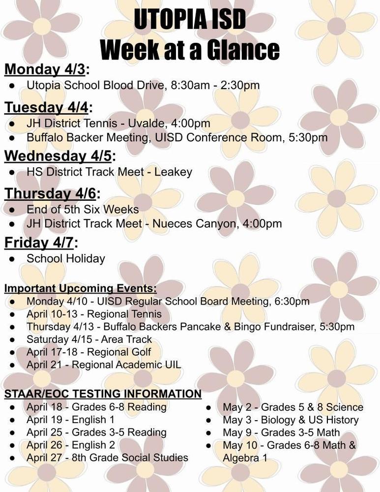 Utopia School's Week at a Glance for April 3-7th