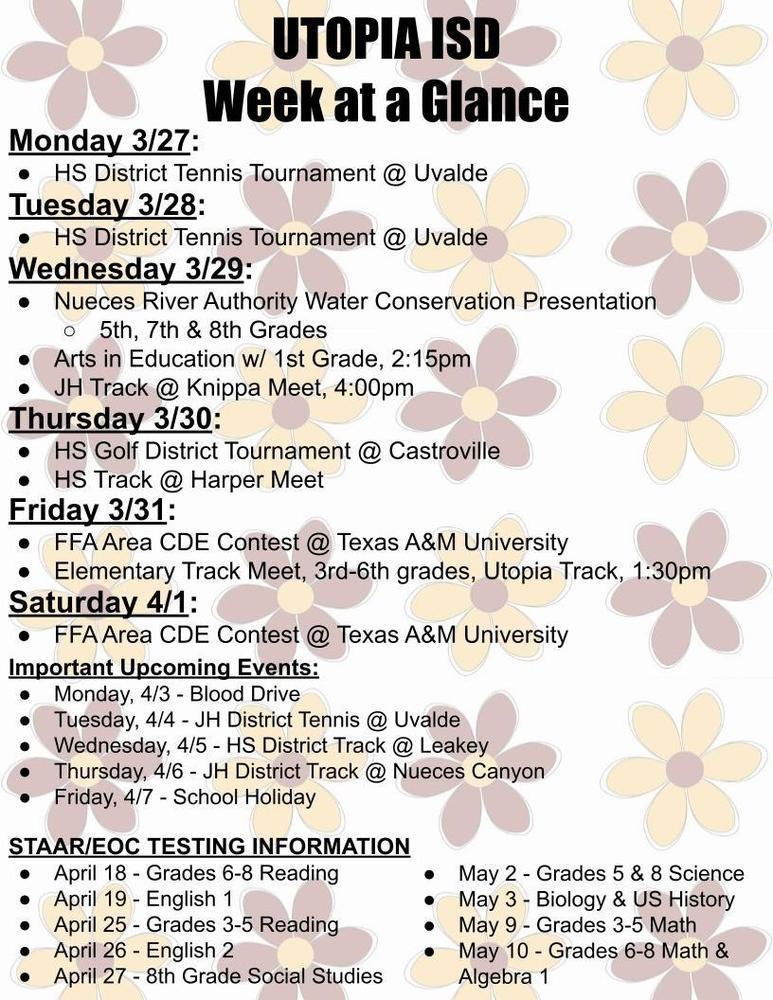 Utopia School's Week at a Glance for March 27-April 1