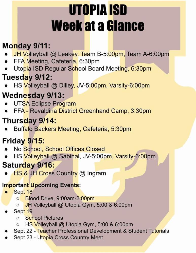 Utopia School's Week at a Glance for Sept. 11-16.