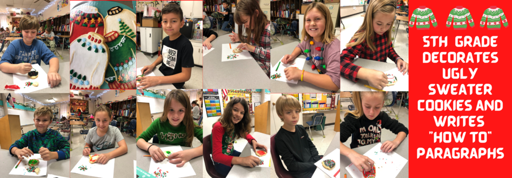 5th  grade decorates ugly sweater cookies and writes  “how to” paragraph