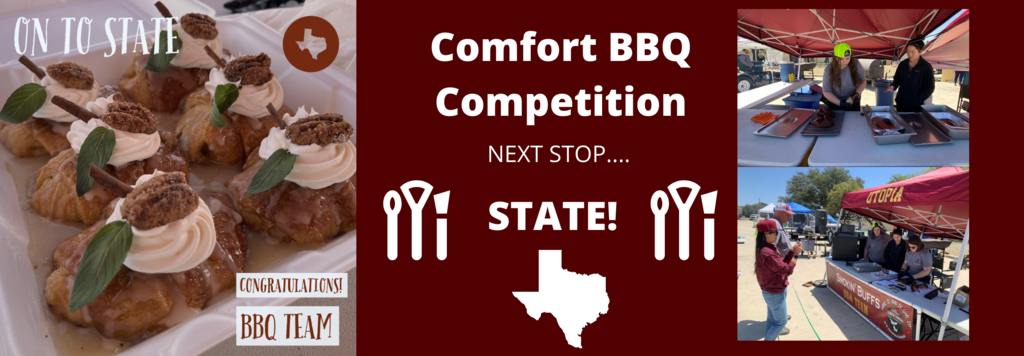 The Utopia BBQ team competed in a practice competition Saturday at Comfort HS. They placed 6th in dessert and chicken. The state contest is on April 30. Good luck!!!