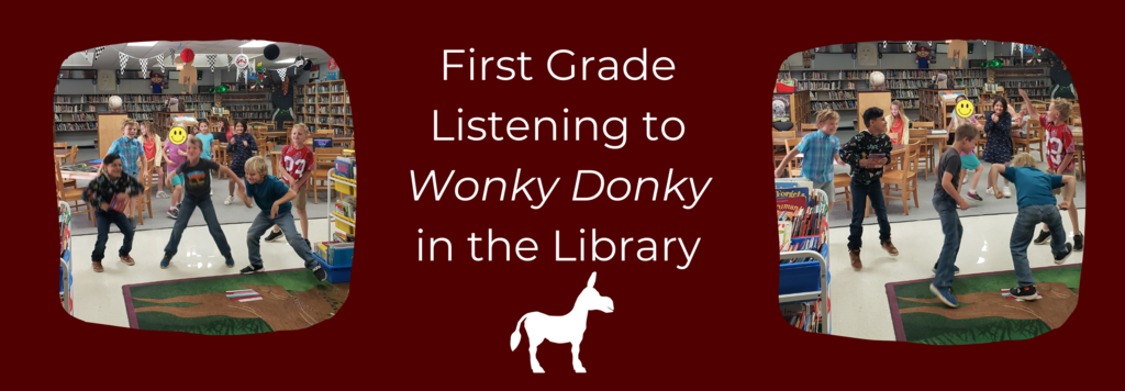 First grade listening to Wonky Donky in the library